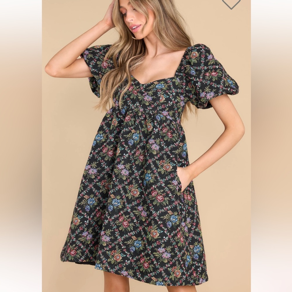 Red Dress Black Floral Babydoll Dress